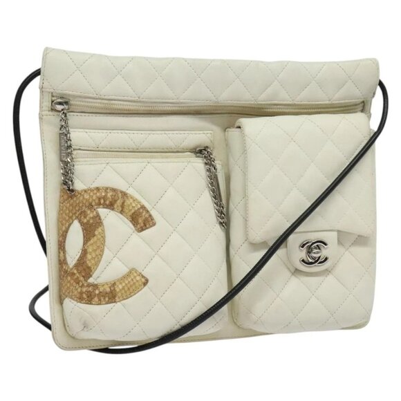 CHANEL COCO Mark Cambon Line Shoulder Bag Leather White Silver CC Auth 137480 - Picture 1 of 16